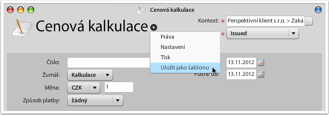 Uložení cenové kalkulace