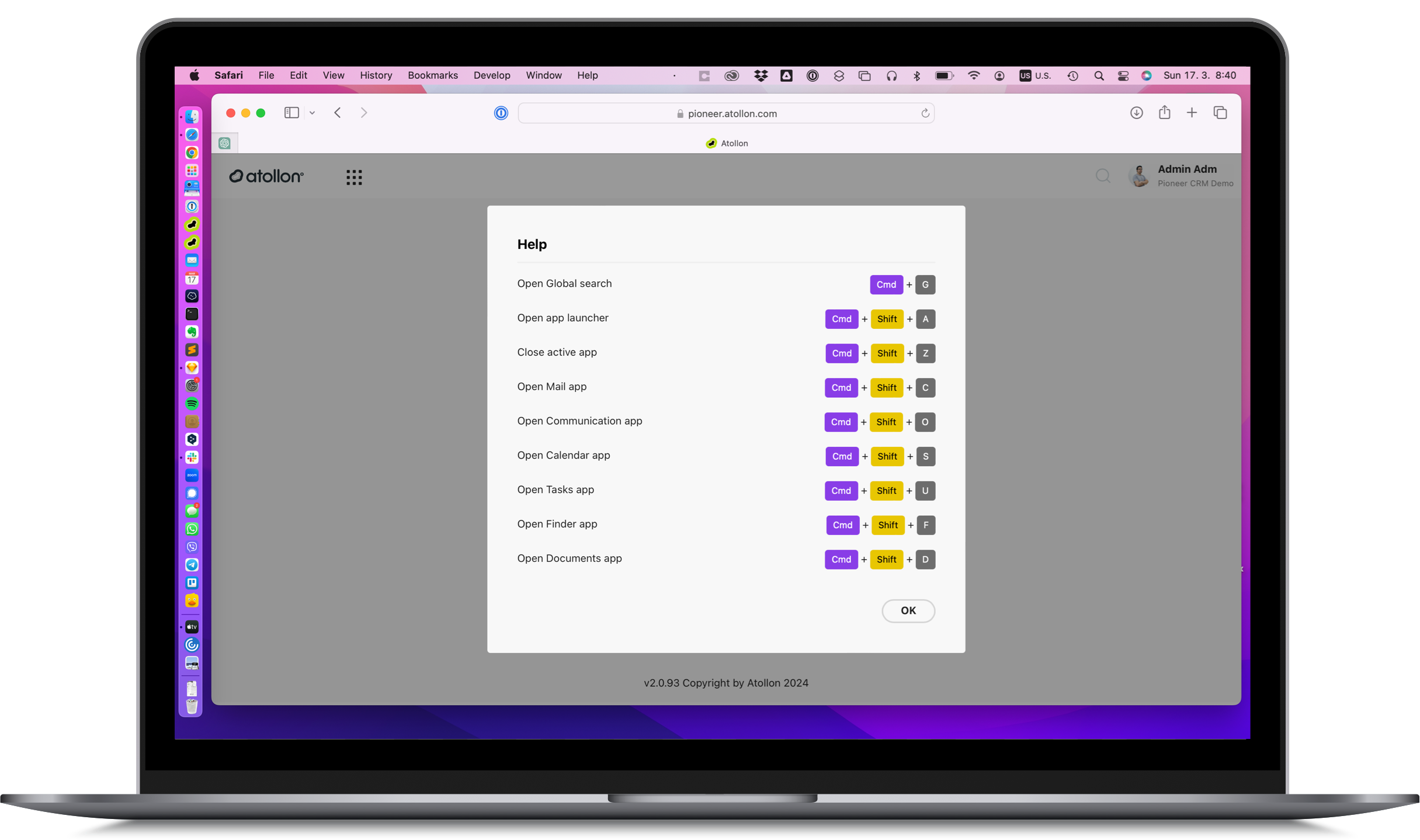 Atollon keyboard shortcuts help screen
