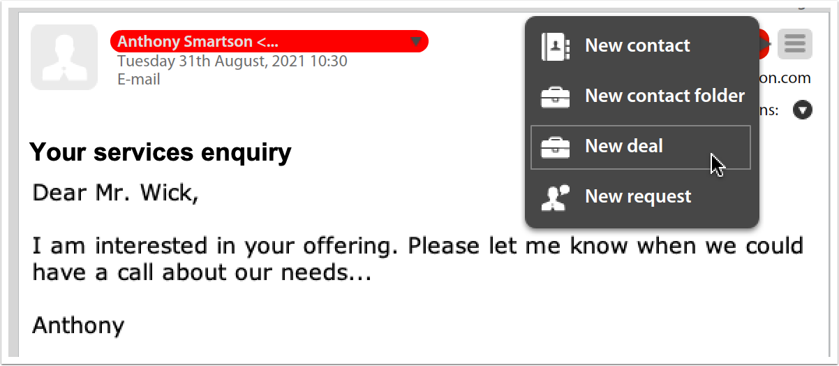 Conversion of e-mail to Deal